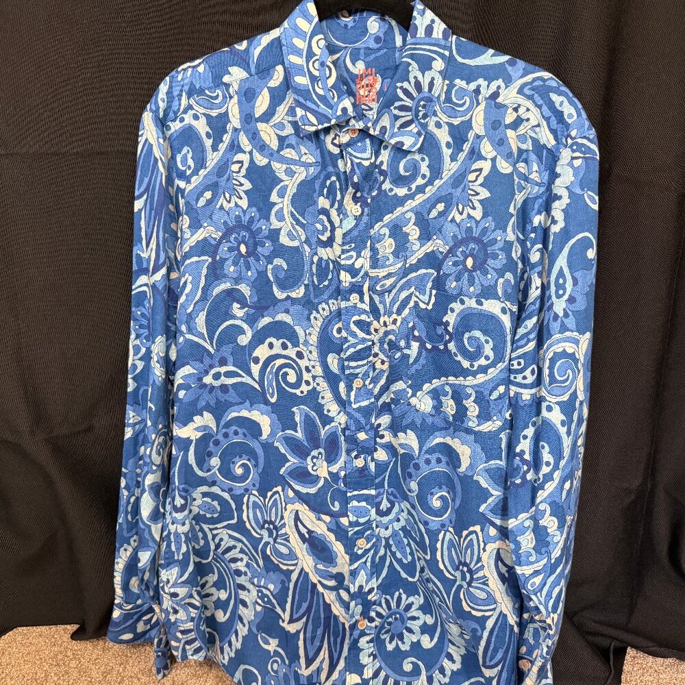 J McLaughlin | Meadowood Grammercy Blue/White Paisley Mens Linen shirt; sz L;
